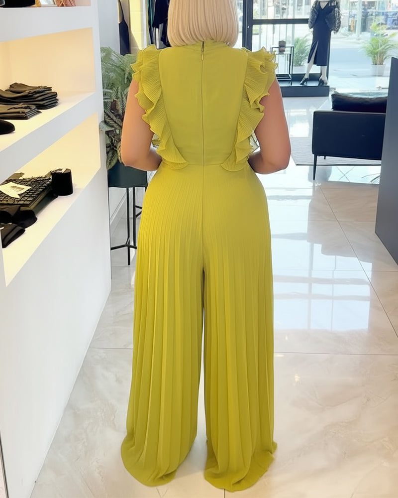 Ruffles Spliced V-Neck Sleeveless Button Front Pleated Overalls Casual Zipper Back Wide Leg Jumpsuit - Image 2
