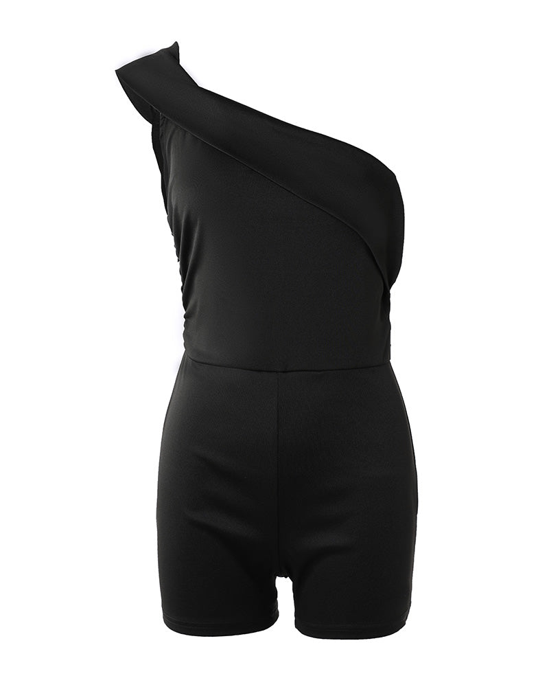 Women's Foldover One Shoulder Romper Slim Fit Sleeveless High Waist Romper - Image 6