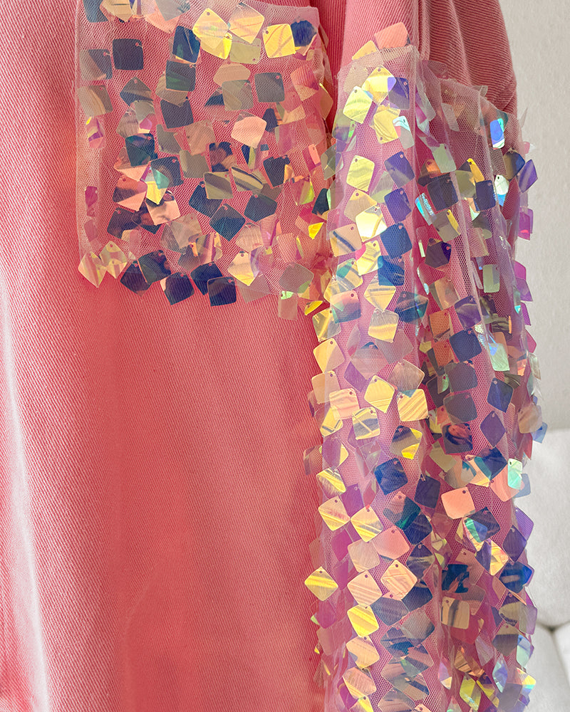 Contrast Sequin Long Sleeve Jacket Top Button Front Raw Hem Loose Fit Shacket - Image 3