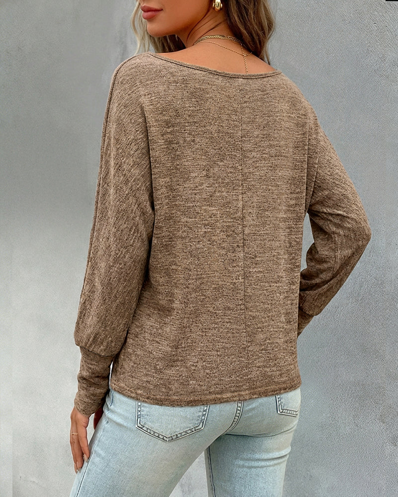 Women's Convertible Shoulder Batwing Sleeve Top Long Sleeve Loose Fit Casual Knit Tee - Image 2