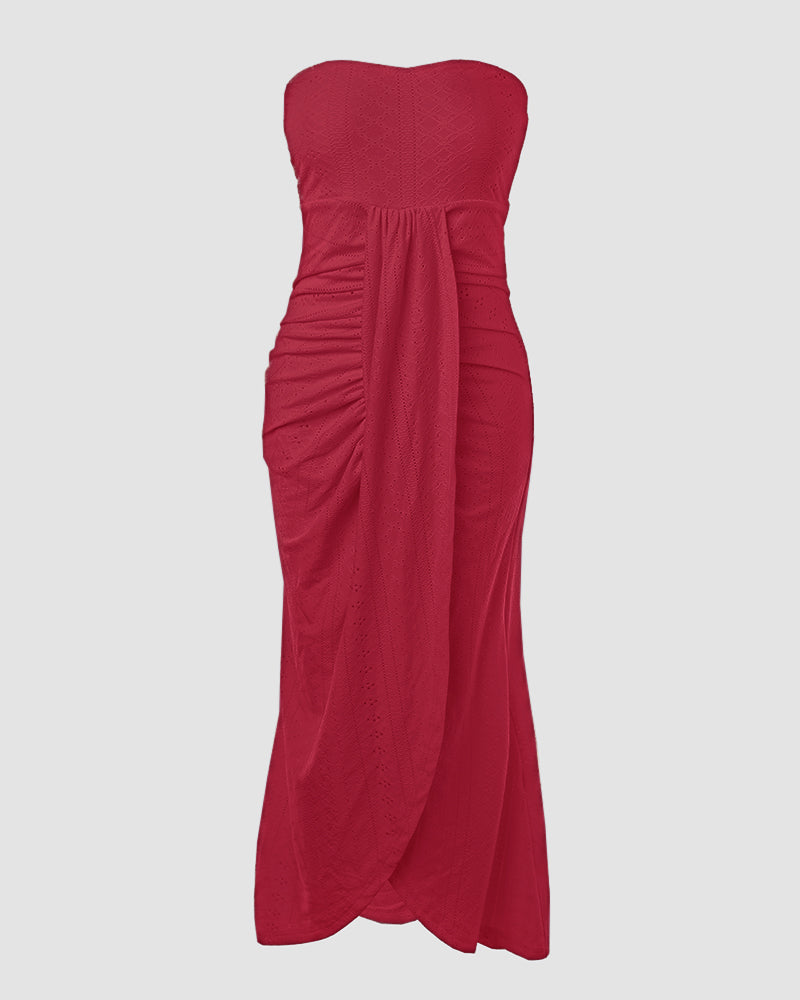 Sleeveless Ruched Cinched Waist Draped Bandeau Dress Eyelet Embroidery Slit Asymmetrical Hem Vacation Dress - Image 5