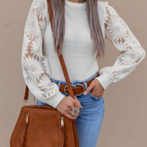 Women's Crewneck Long Sleeve Lace Sunflower Patchwork Waffle Knit Top