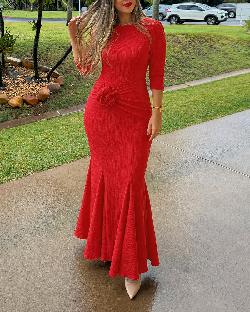Women's 3D Floral Twist Mermaid Maxi Evening Gown Elegant Three Quarters Sleeve Bodycon Party Dress - Image 3