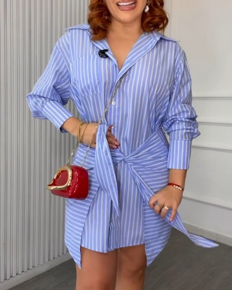 Women's Striped Button Down Shirt Dress Tie Front Wrap Asymmetric Hem Long Sleeve Casual Dress - Image 6