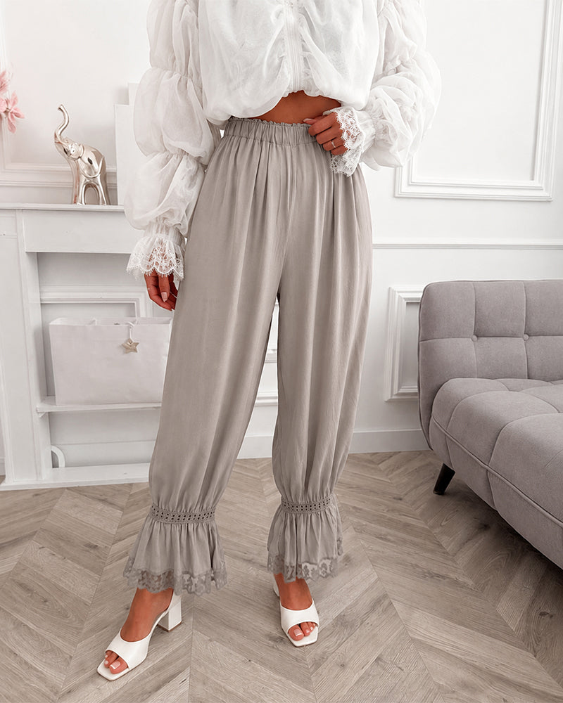 Women's Lace Patchwork Pants Elastic High Waist Hollow Out Ruffle Hem Lantern Trousers Casual Loose Lounge Pants - Image 5