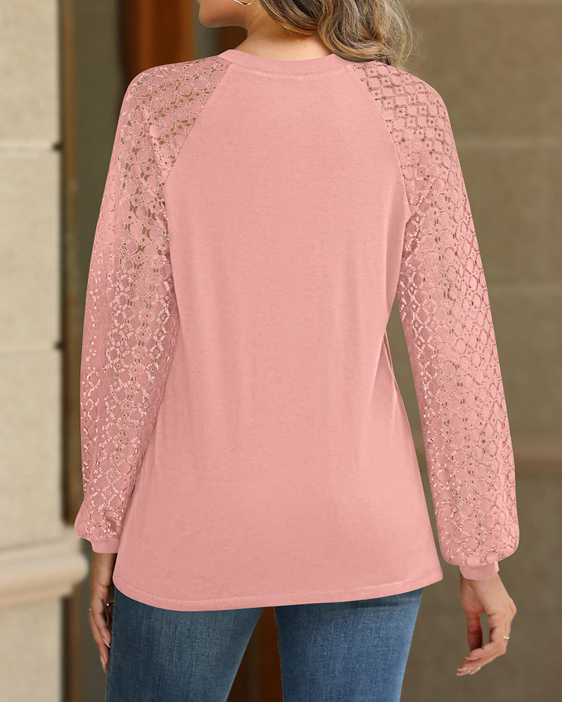 Contrast Lace Round Neck Lantern Sleeve Ruched Blouse Elegant Shirt - Image 9