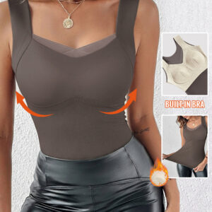 Sheer Mesh Spliced V Neck Sleeveless Built In Bra Tank Casual Warm Fleece Lined Slim Fit Top