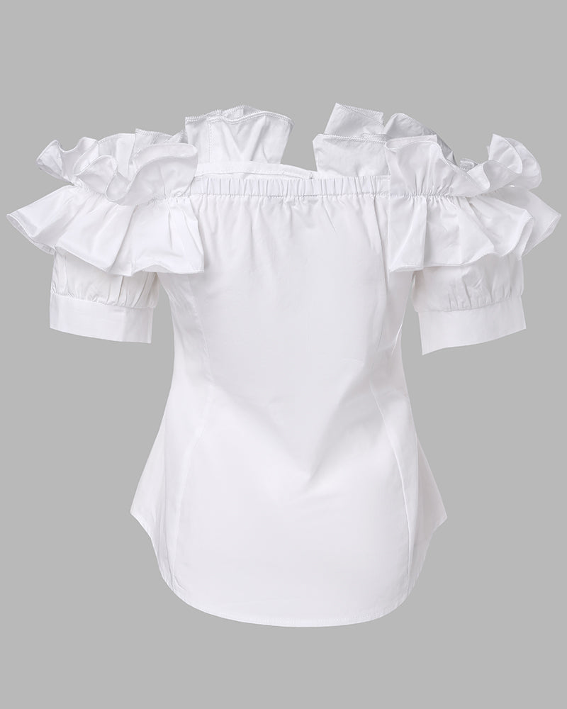 Ruffles Off Shoulder Short Sleeve Button Front Blouse Asymmetrical Hem Top - Image 6