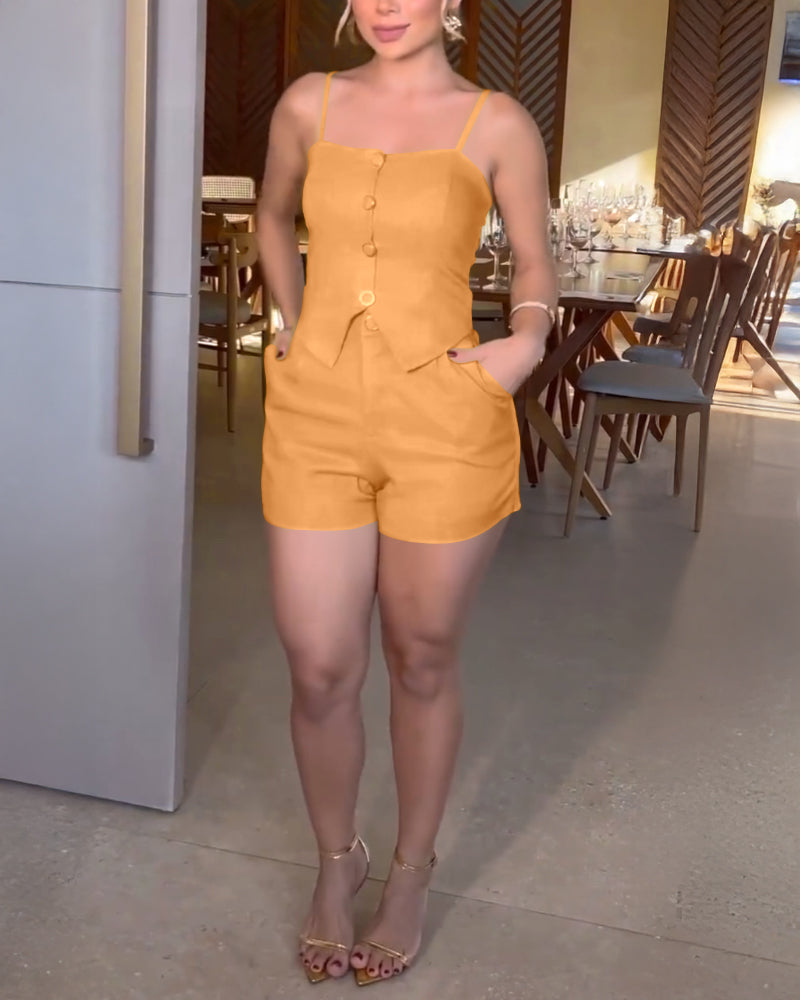 2 Pieces Outfit Adjustable Spaghetti Straps Button Front Shirred Back Crop Cami Top and Casual Zipper Fly Elastic Back Waist Shorts Set - Image 7