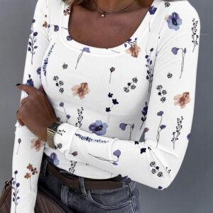 Women's Floral Print Ribbed Long Sleeve Top U-Neck Slim Fit Tee