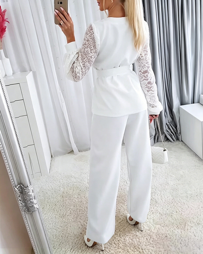 Women's Two Piece Outfits V-Neck Lace Long Sleeve Top and Wide Leg Pants Set Elegant Matching Set with Belt - Image 2