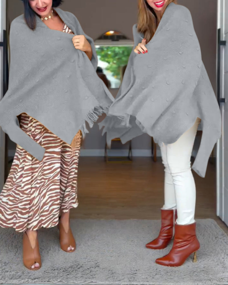 Tassel Design Long Sleeve Slit Cardigan Fashion Versatile Warm Cape Shawl - Image 8