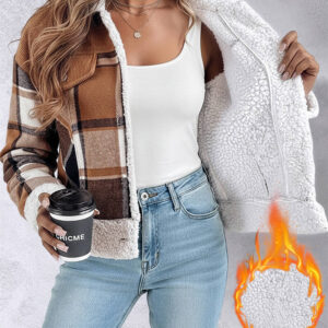 Vintage Plaid Print Corduroy Spliced Turn-down Collar Button Front Thermal Lined Jacket Casual Flap Detail Faux Shearling Trim Crop Warm Coat