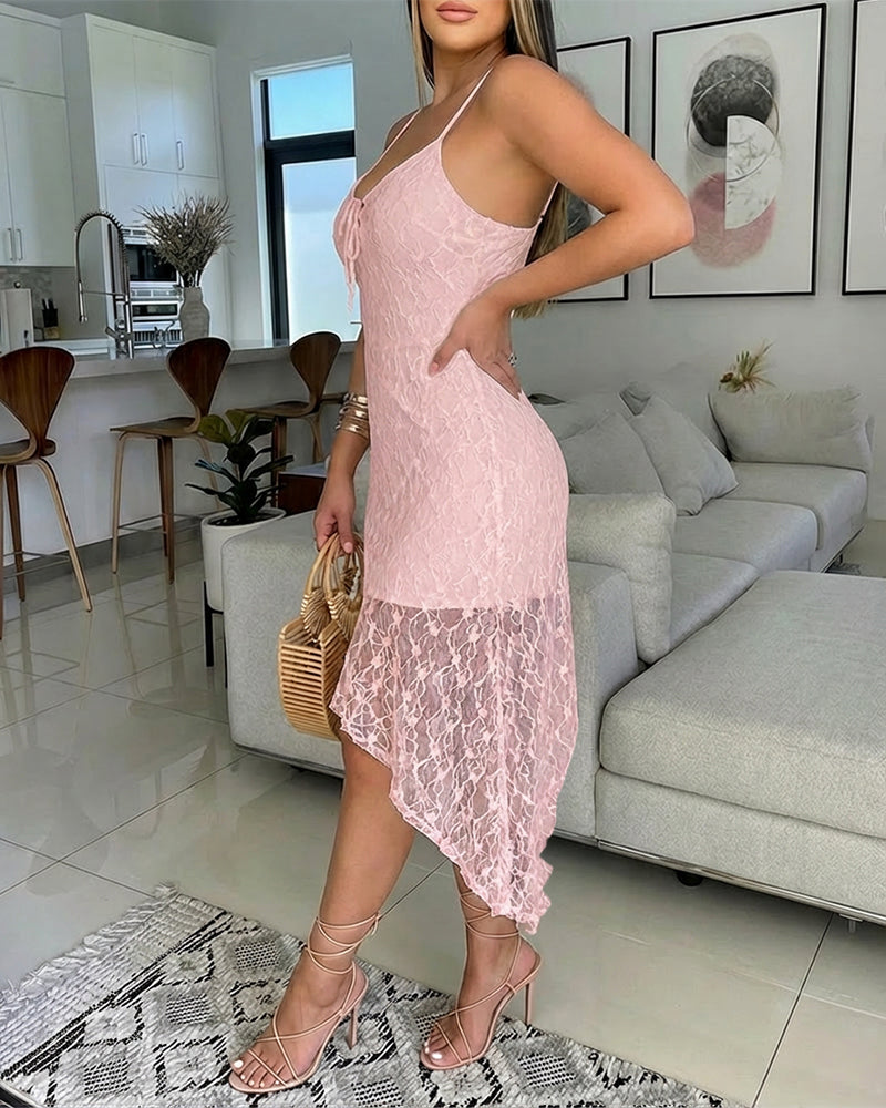V-Neck Adjustable Spaghetti Straps Tie Front Asymmetrical Hem Dress Casual Hollow-out Front Backless Textured Lace Overlay Party Dress - Image 9