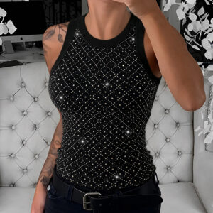 Women's Rhinestone Argyle Pattern Ribbed Tank Top Slim Fit Top