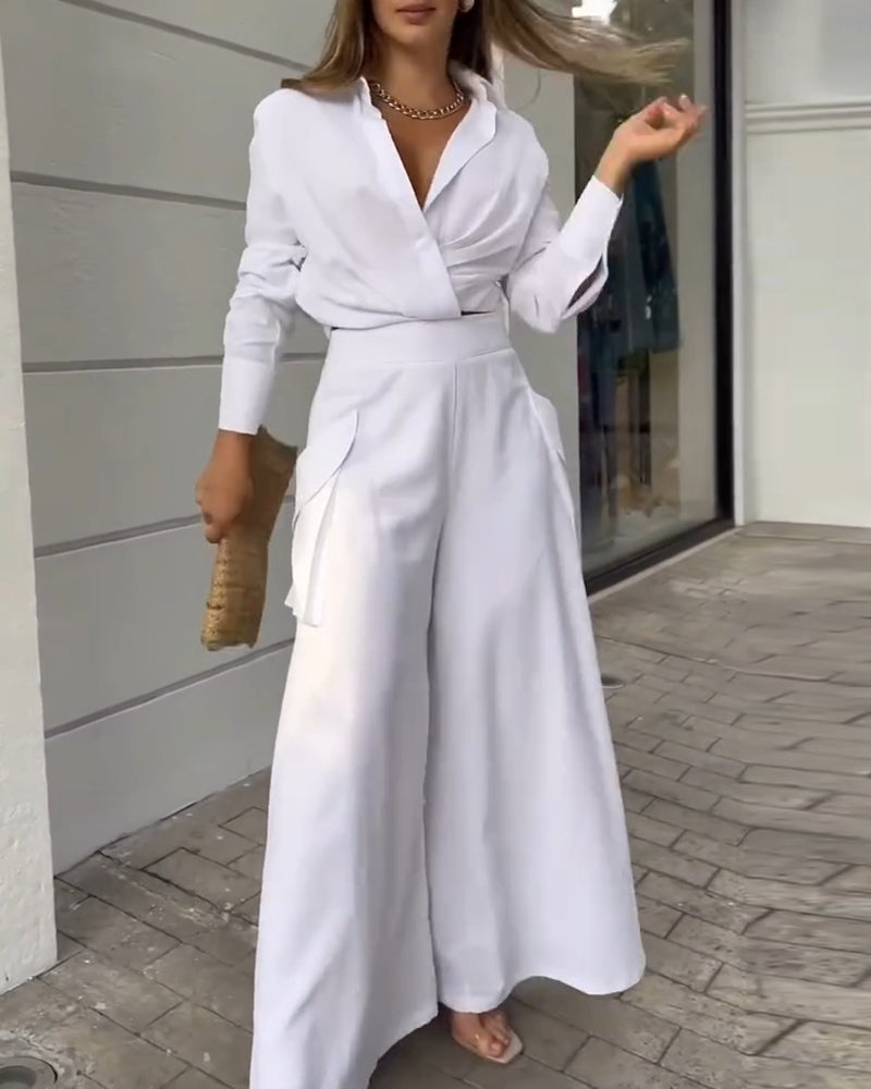 2 Pieces Outfit Turn-down Collar Long Sleeve Ruched Stretchy Hem Crop Top and Casual Elastic Back Waist Pockets Design Wide Leg Pants Set - Image 3