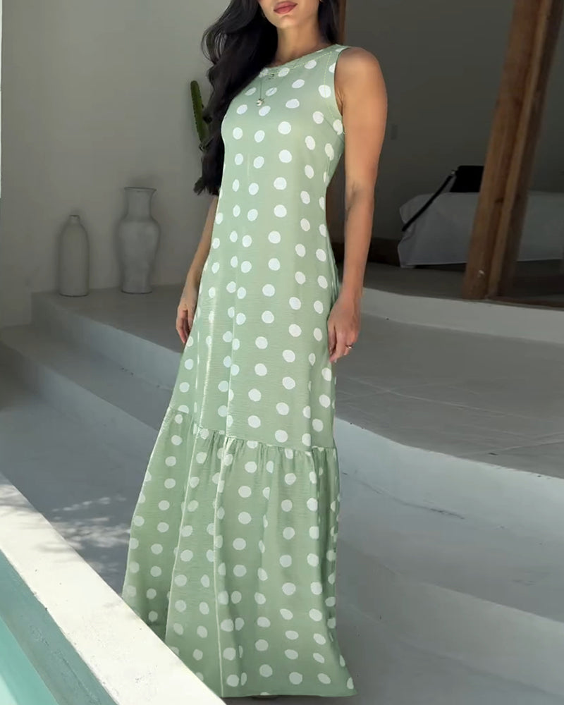 Women's Polka Dot Maxi Dress Casual Sleeveless Lace up Back Vacation Dress Elegant Ruffle Hem Loose A Line Long Sundress - Image 8