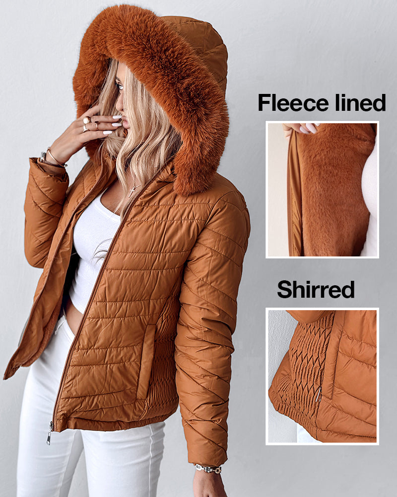 Zipper Pocket Design Shirred Fuzzy Trim Fleece Lined Hooded Puffer Jacket - Image 2