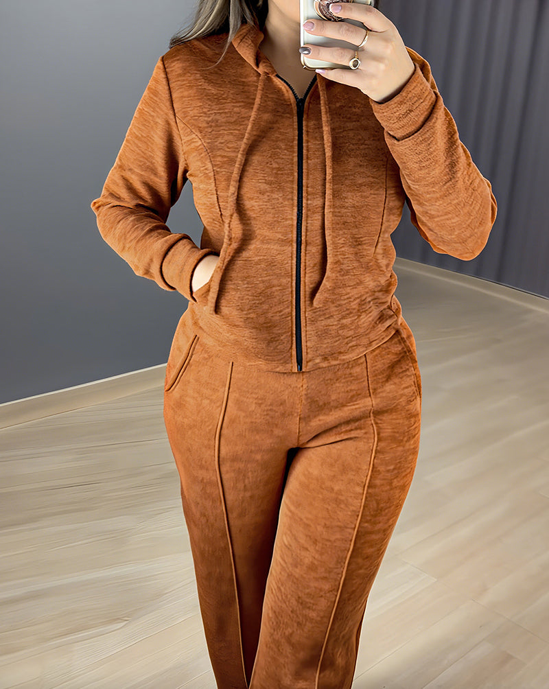 2 Pieces Outfit Long Sleeve Zip Up Drawstring Hoodie Coat and Casual Elastic Waist Seam Front Straight Leg Pants Set - Image 18