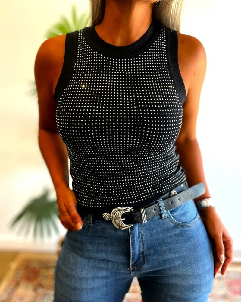 Rhinestone Decor O-neck Sleeveless Knit Tee Slim Fit Tank Top - Image 14