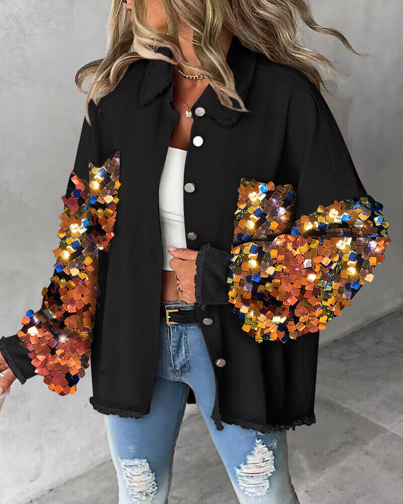 Contrast Sequin Long Sleeve Jacket Top Button Front Raw Hem Loose Fit Shacket - Image 15