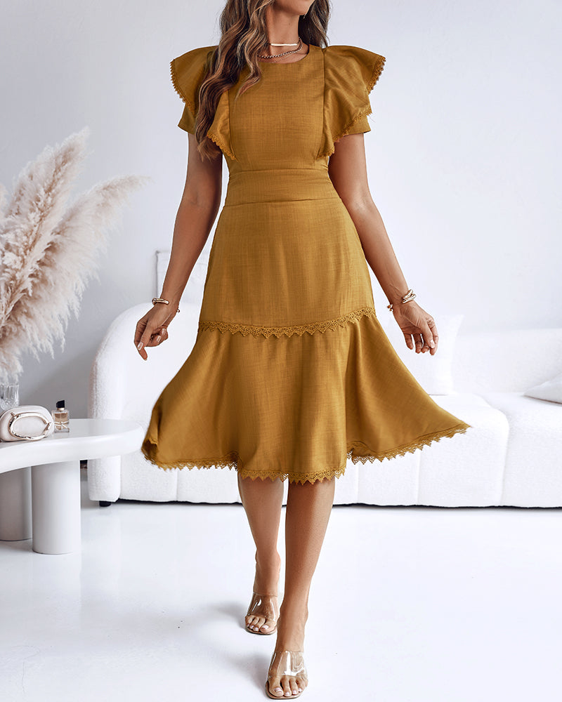 Butterfly Sleeve Hollow-out Back Shirred Dress Casual Cinched Waist Lace Trim Ruffle Hem Commuting Dress - Image 5