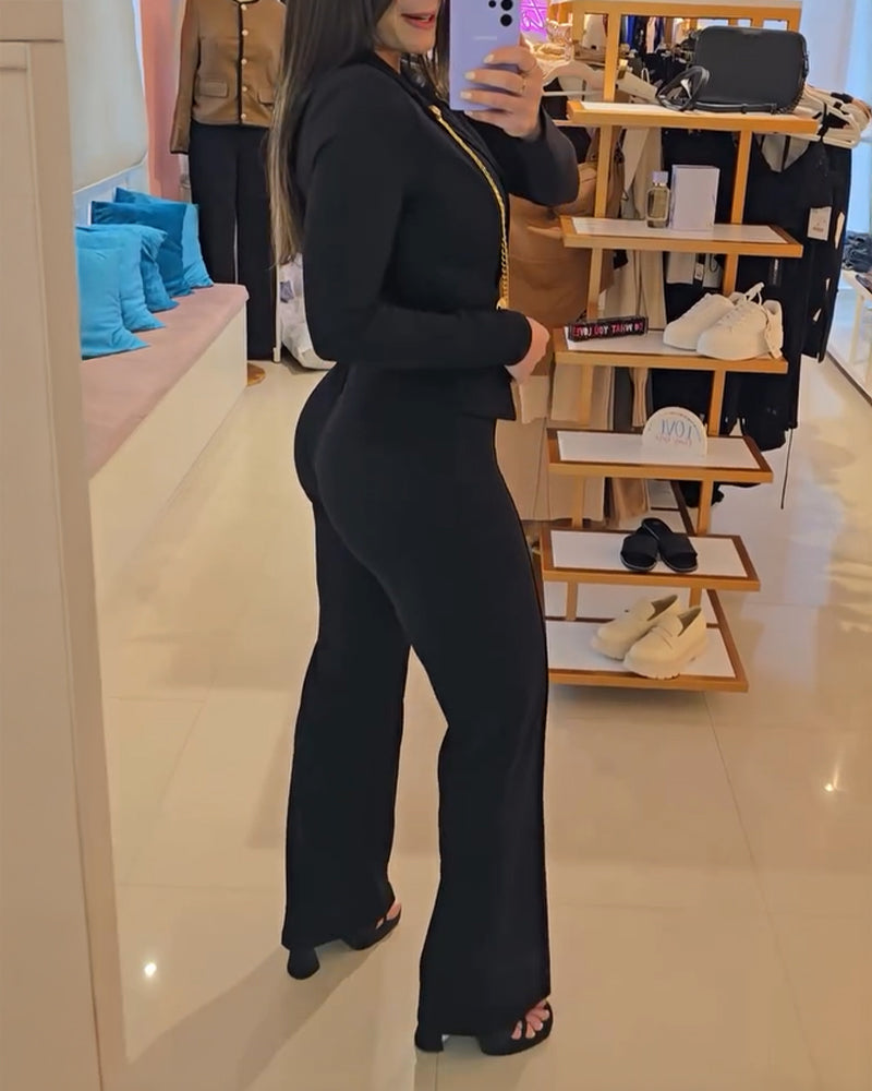 Chain & Button Decor Notched Collar Overlap V-Neck Slit Spliced Overalls Casual High Waist Seam Front Zipper Back Jumpsuit - Image 2