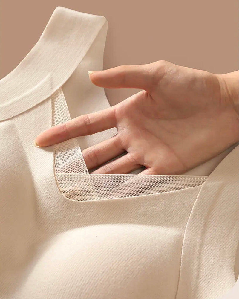 Sheer Mesh Spliced V Neck Sleeveless Built In Bra Tank Casual Warm Fleece Lined Slim Fit Top - Image 12