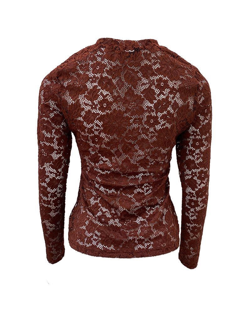 Women's Sexy Sheer Lace Top Long Sleeve O-Neck Slim Fit See-Through Elegant Blouse Base Layer Shirt - Image 6