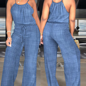Womens Spaghetti Strap Drawstring Tied Waist Jumpsuit Casual Overalls