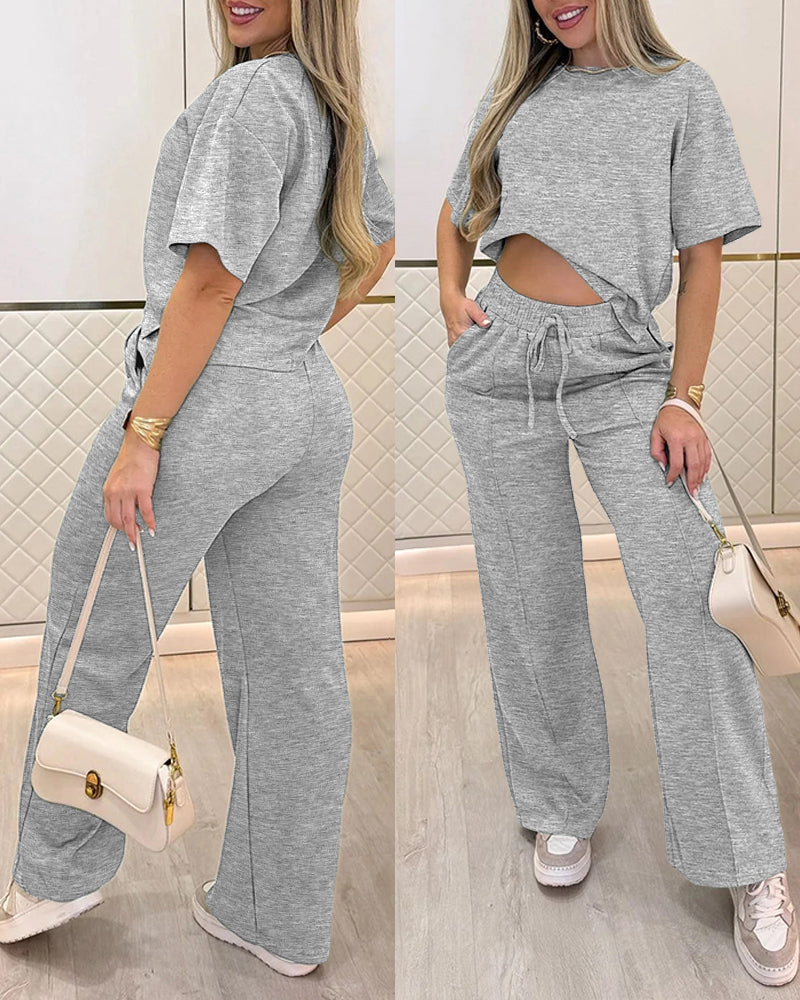 2 Pieces Outfit O-neck Short Sleeve Side Slit Top and Casual Drawstring Elastic Waist Seam Front Wide Leg Pants Set - Image 4