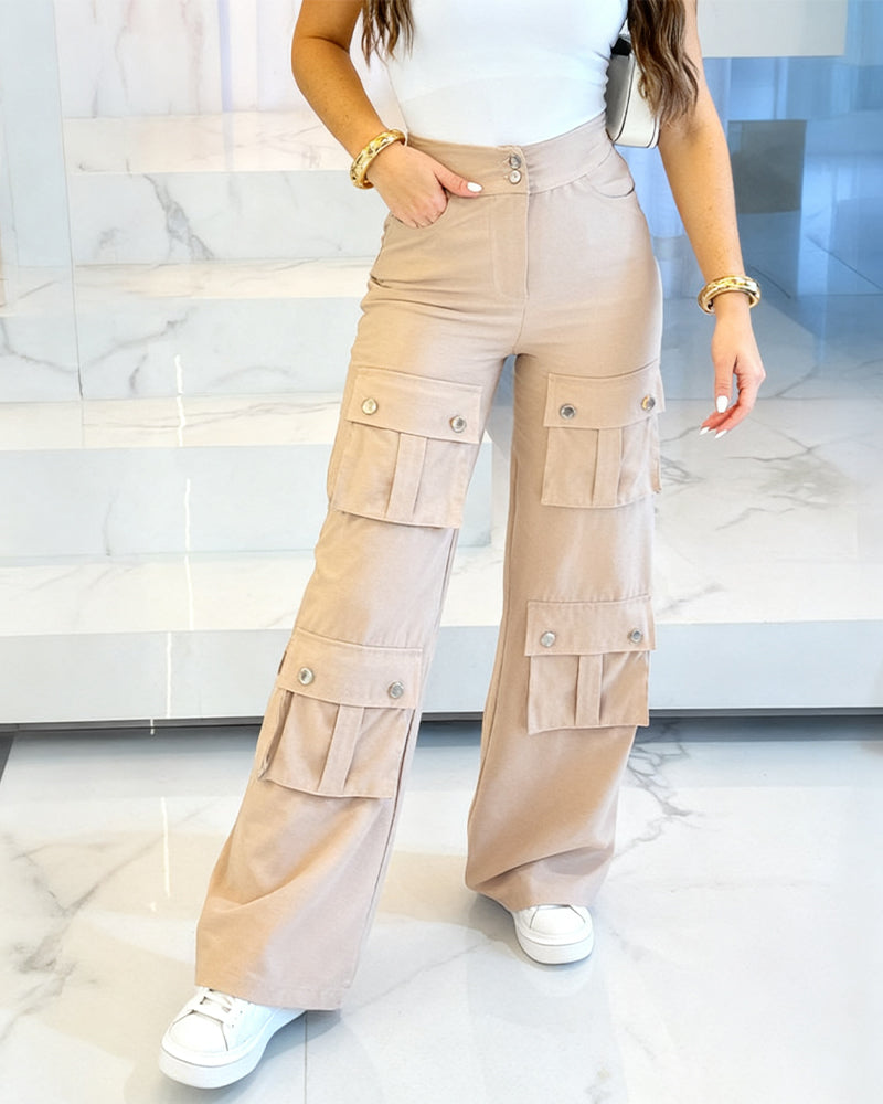 High Waist Zipper Fly Multiple Flap Pockets Design Utility Pants Casual Elastic Back Waist Wide Leg Cargo Pants - Image 4