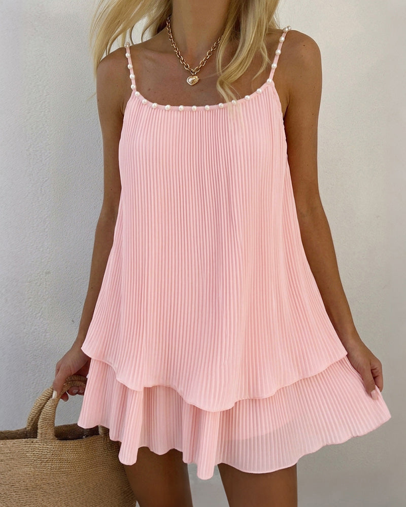 Women's Pearls Embellished Straps Mini Dress Backless Pleated Dress Casual Double Layer Lettuce Trim Cami Sun Dress - Image 5