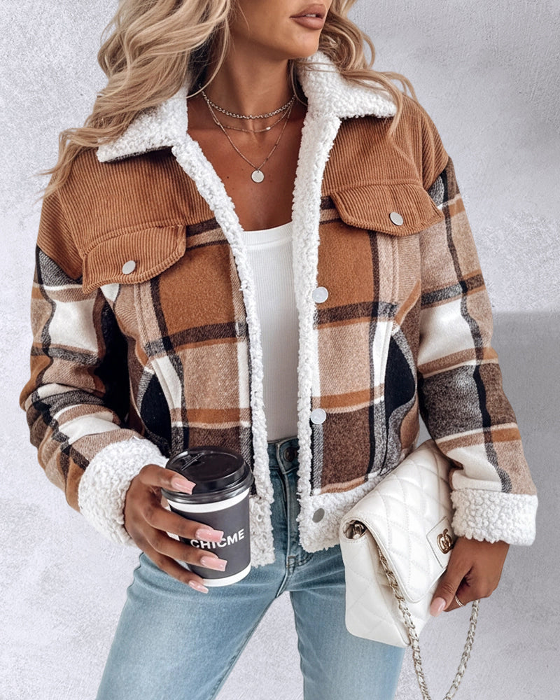 Vintage Plaid Print Corduroy Spliced Turn-down Collar Button Front Thermal Lined Jacket Casual Flap Detail Faux Shearling Trim Crop Warm Coat - Image 3