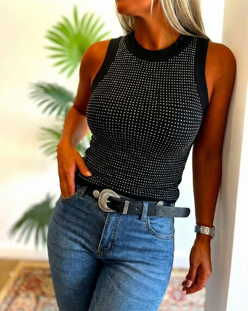 Rhinestone Decor O-neck Sleeveless Knit Tee Slim Fit Tank Top - Image 17