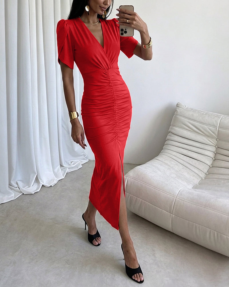 Women's Ruched V Neck Midi Dress Petal Short Sleeve Slit Party Gown Elegant Evening Dress - Image 6
