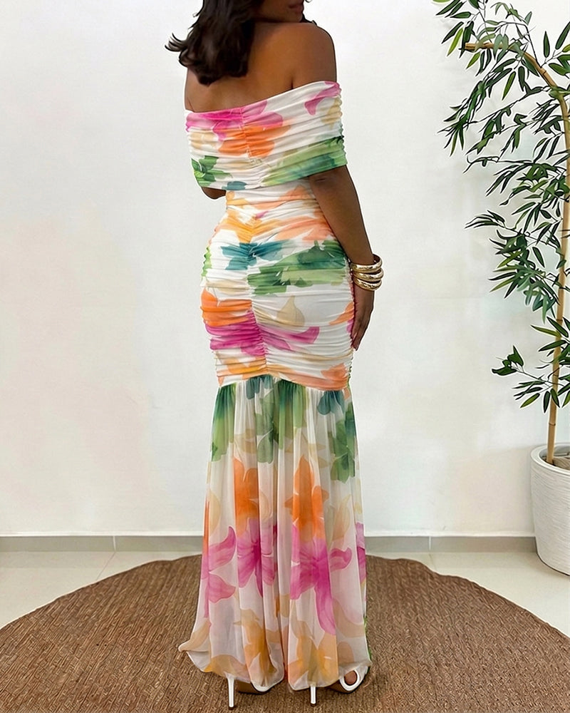 Women's Foldover Off-Shoulder Floral Mermaid Dress Mesh Ruched Maxi Gown with Detachable Clear Straps - Image 2