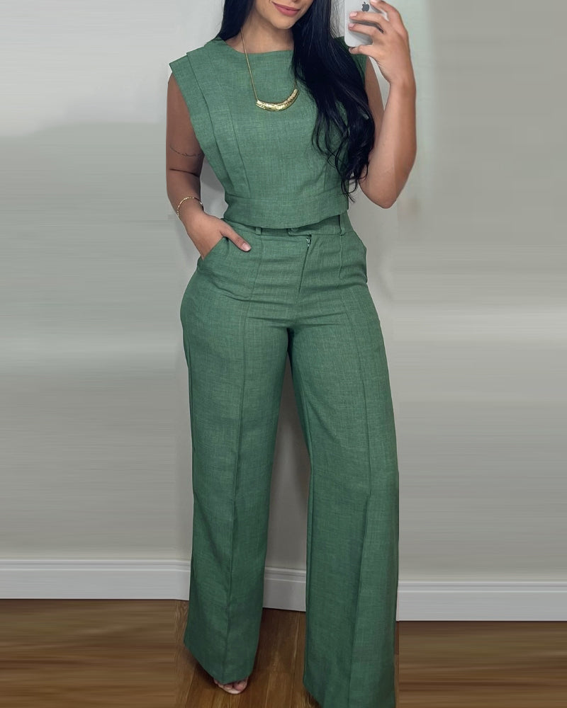 2 Pieces Outfit 3D Cutting Decor Design Cap Sleeve Hollow-out Back Crop Top and Casual Zipper Fly Seam Front Straight Pants Set - Image 7