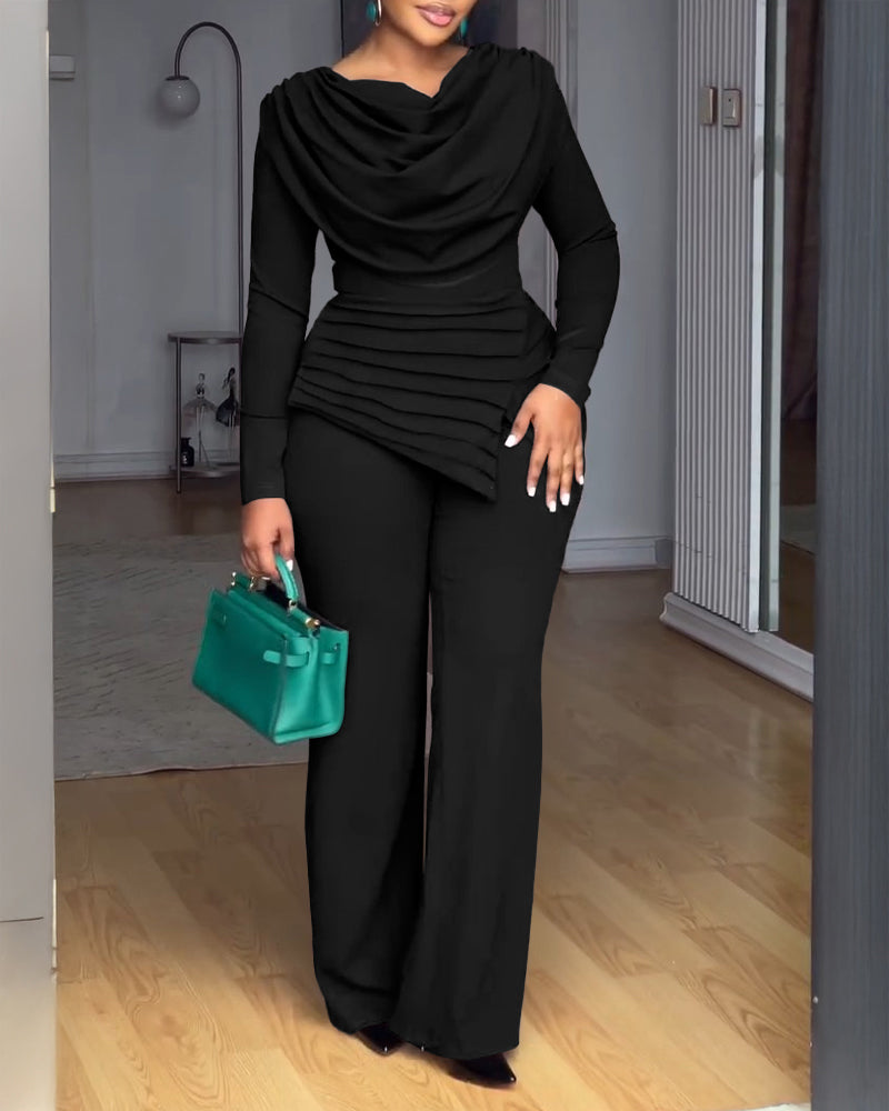 Cowl Neck Asymmetrical Textured Patchwork Cinched Waist Jumpsuit Casual Zipper Back Wide Leg Jumpsuit - Image 10