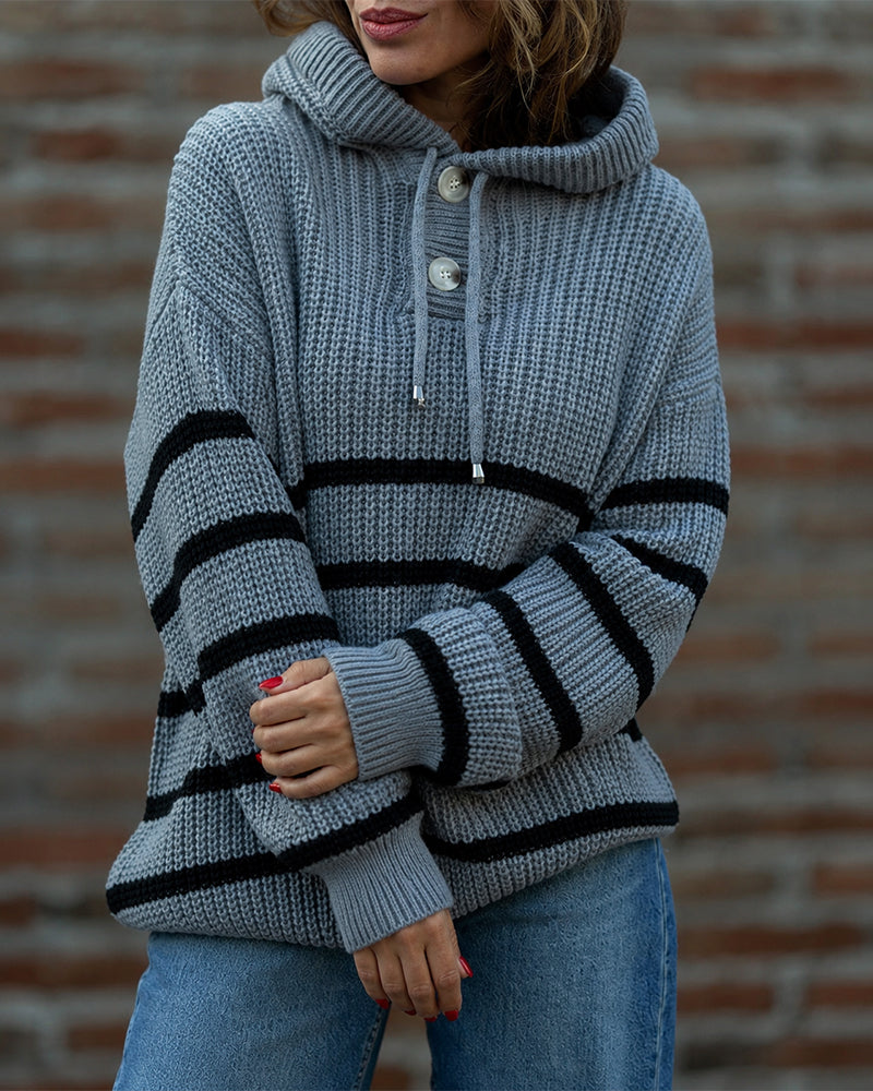 Women's Striped Henley Drawstring Hooded Sweater Loose Fit Lantern Sleeve Knit Pullover - Image 19
