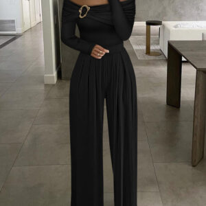 Metal Ring Decor Off Shoulder Ruched High Waist Jumpsuit Casual Cinched Waist Wide Leg Jumpsuit