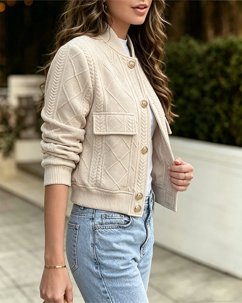 Women's Vintage Argyle Cable Knit Bomber Jacket Elegant Baseball Collar Button Down Cropped Coat with Flap Pockets - Image 5