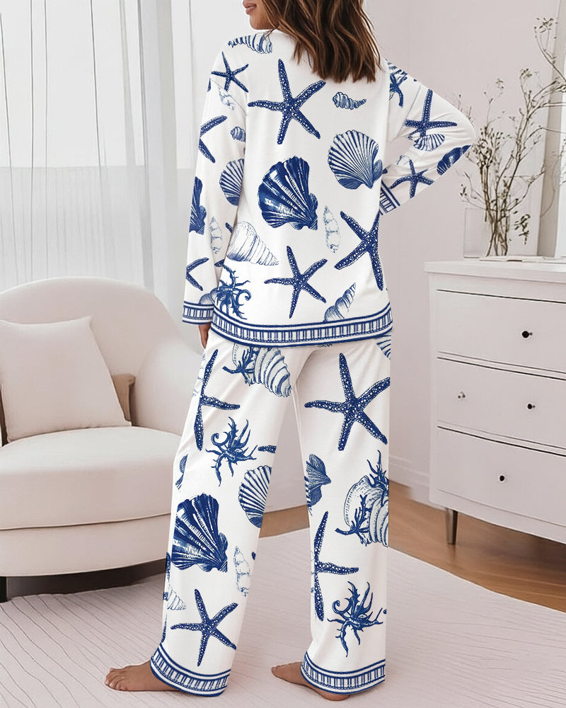 Women's 2 Piece Ocean Style Pajama Set Long Sleeve Top and Wide Leg Pants Casual Lounge Set - Image 2
