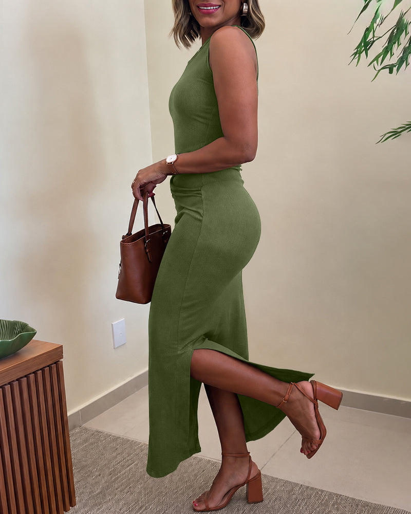 Women's Rib Knit Sleeveless Maxi Dress Ruched Gold Buckle High Waist Side Slit Bodycon Dress - Image 13