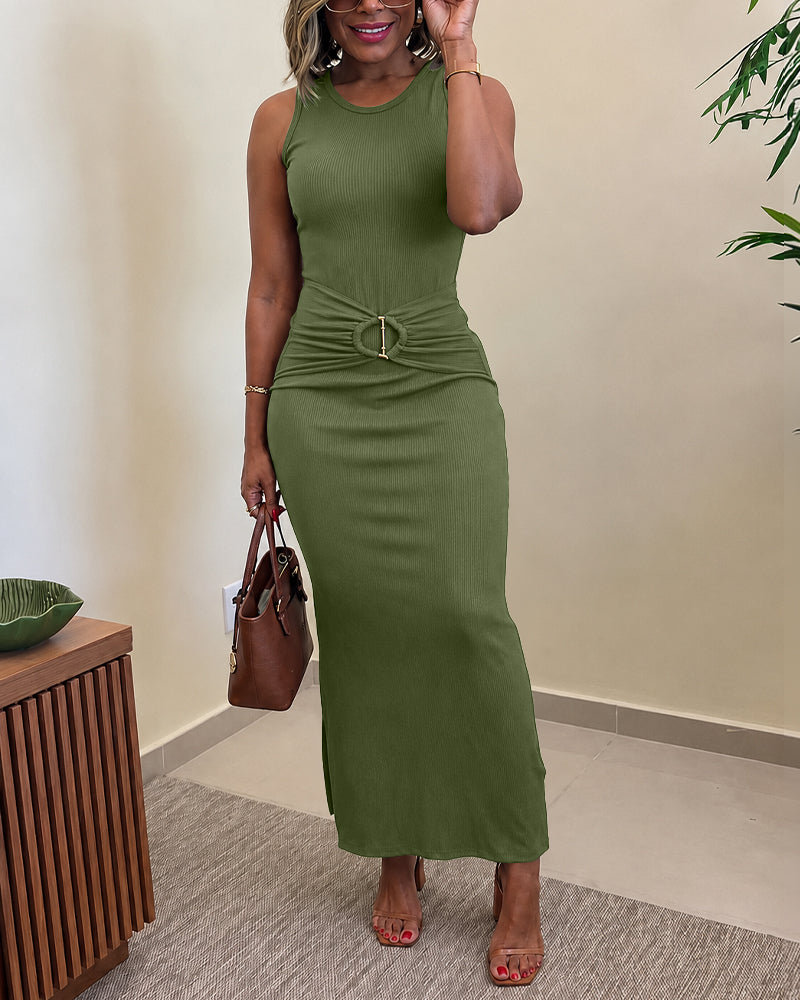 Women's Rib Knit Sleeveless Maxi Dress Ruched Gold Buckle High Waist Side Slit Bodycon Dress - Image 12