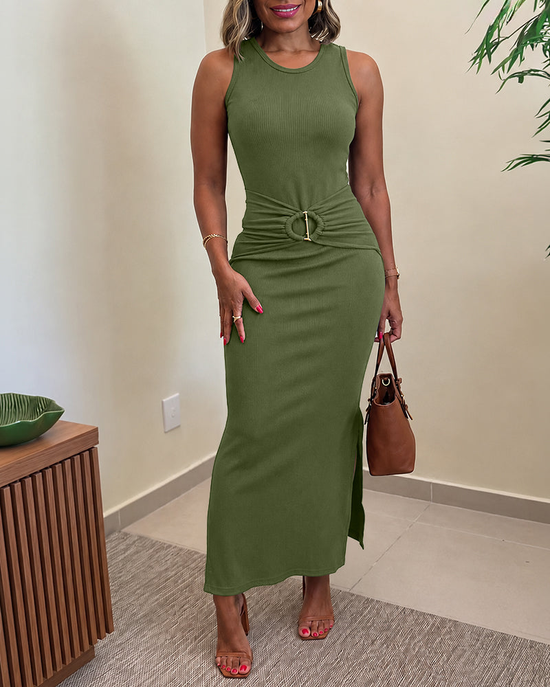 Women's Rib Knit Sleeveless Maxi Dress Ruched Gold Buckle High Waist Side Slit Bodycon Dress - Image 10