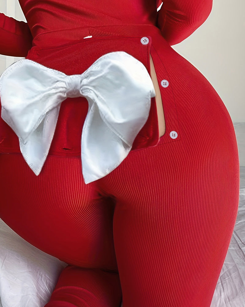 Plunge Long Sleeve Bowknot Decor Functional Onesie - Image 3