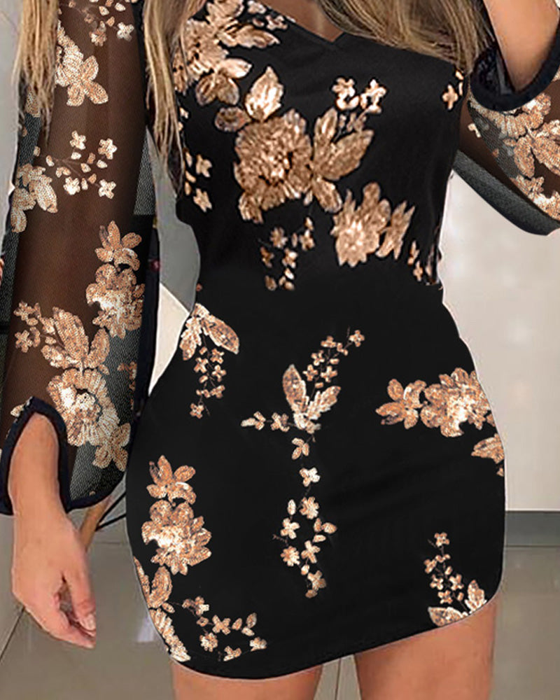Floral Pattern Contrast Sequin Sheer Mesh Party Dress - Image 9