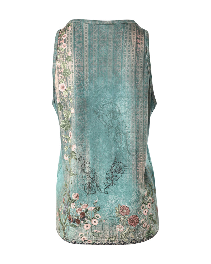 CHICME Women's Casual Floral Print Tank Top Sleeveless Notch Neck Vest with Rhinestone Accents - Image 4