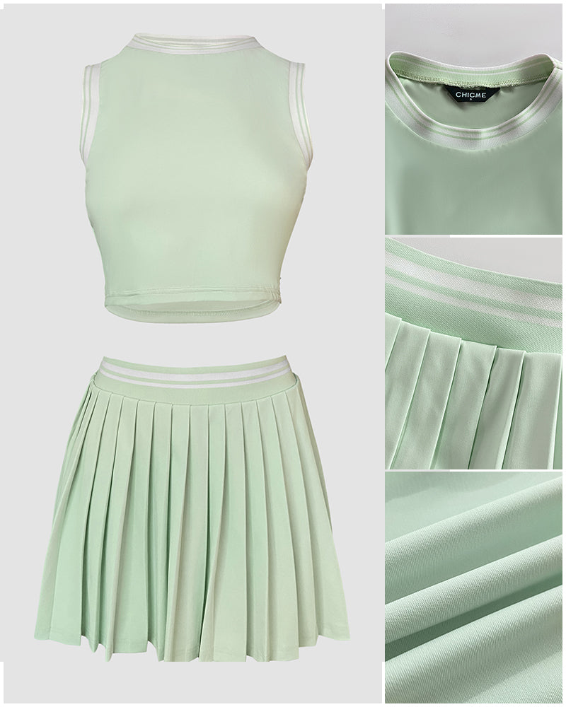 2 Pieces Outfit Round Neck Sleeveless Crop Tank Top and Elastic Waist Pleated Mini Skirt Set Casual Contrast Paneled Set - Image 10
